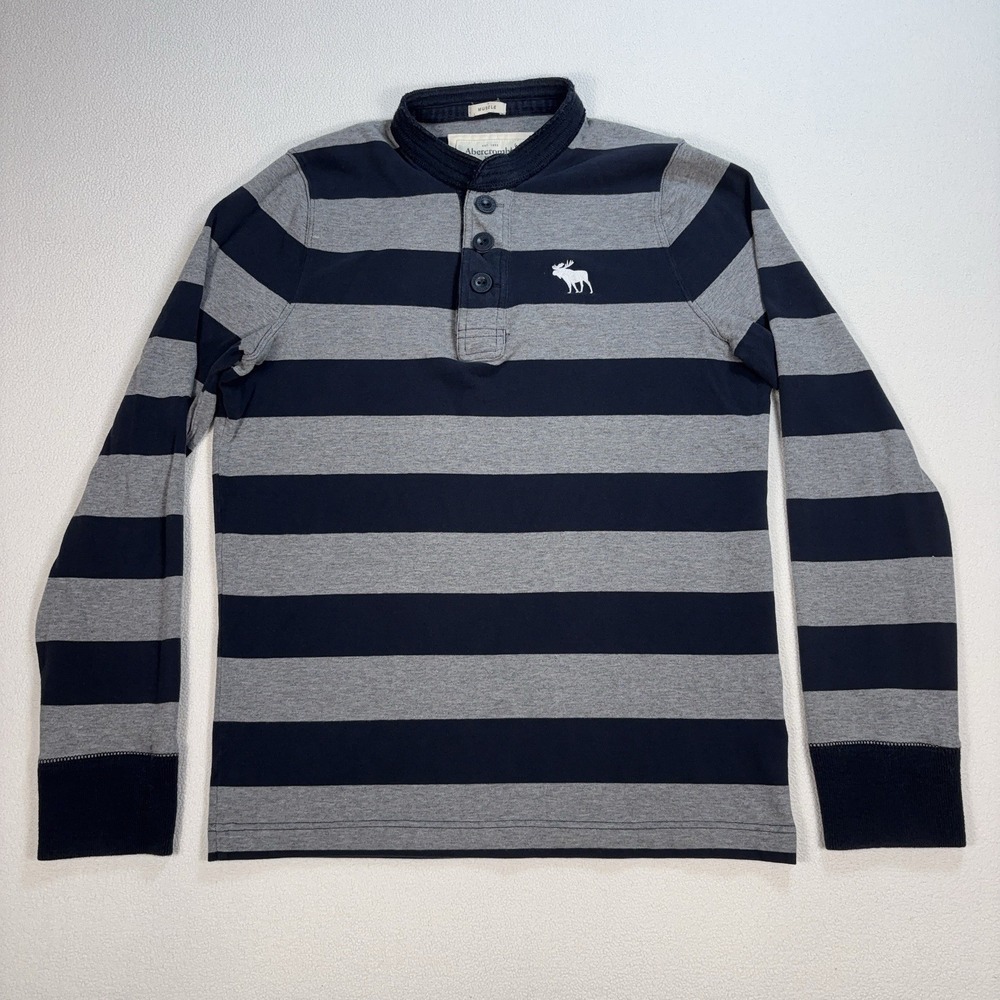 Abercrombie & Fitch Muscle Henley Shirt Men's L Gray Navy Stripe Moose Rugby Y2K